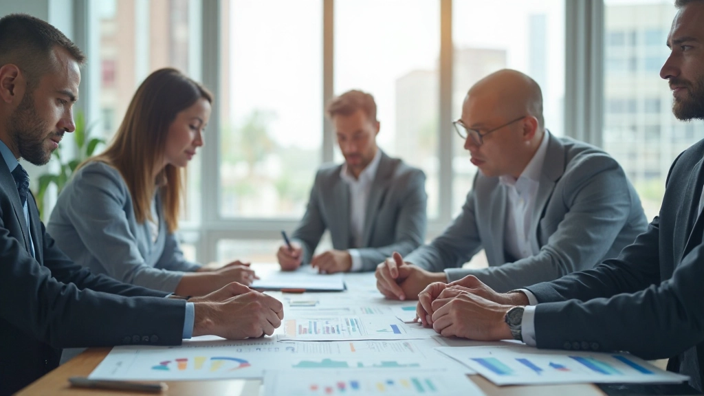 Профессиональная встреча инвесторов обсуждающих финансовые документы проектов возобновляемой энергии