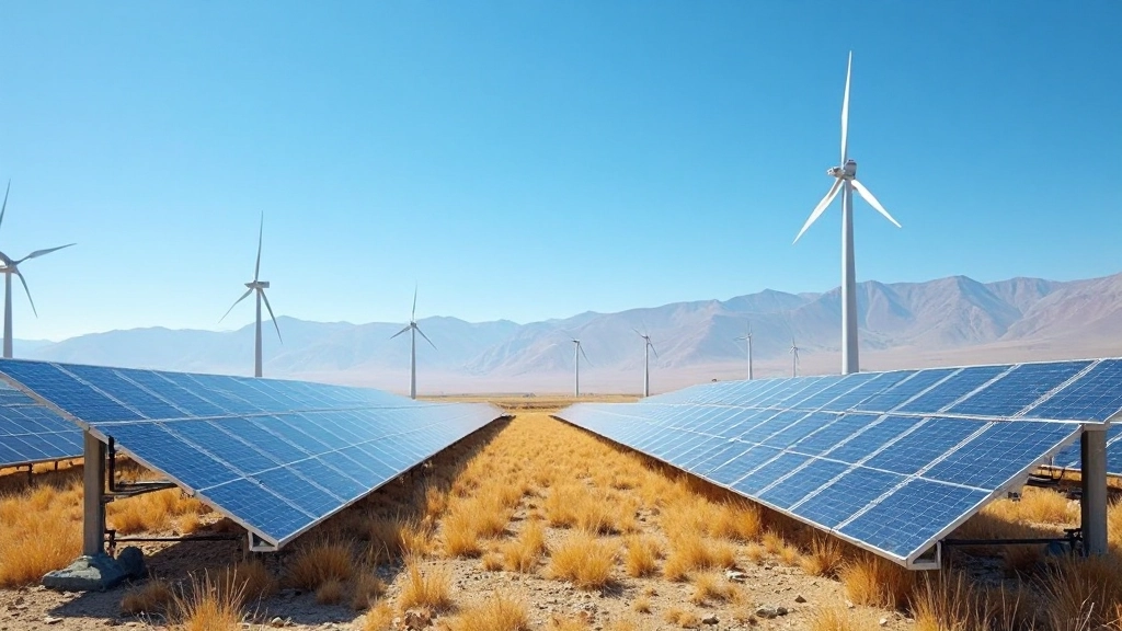 Профессиональное фото панорамы солнечной и ветровой электростанций в казахстанском пейзаже