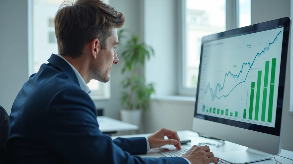 Финансовый аналитик анализирует графики инвестиций в зелёную энергию на компьютере в офисе