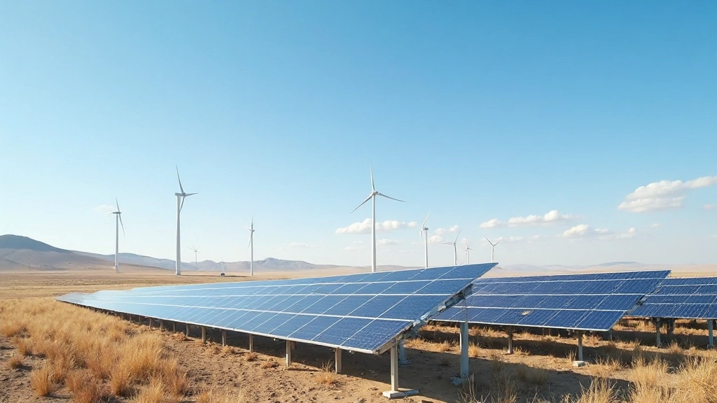 Профессиональное фото гибридной солнечной и ветровой электростанции в степи Казахстана