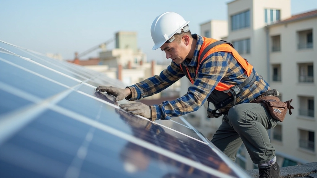 Профессиональное фото солнечных батарей на крыше здания в городе