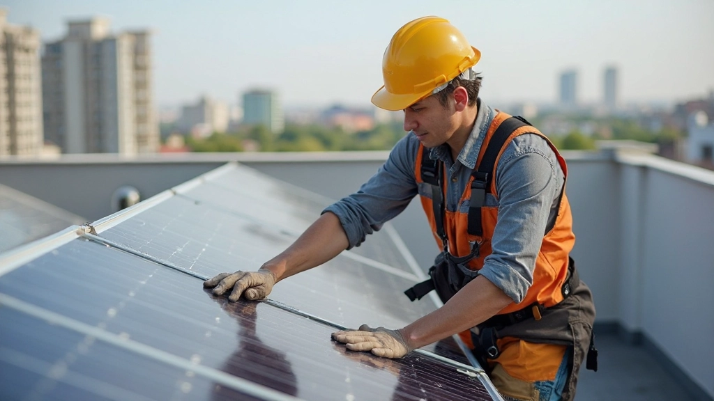 Солнечные панели на крыше современного здания с панорамным видом города