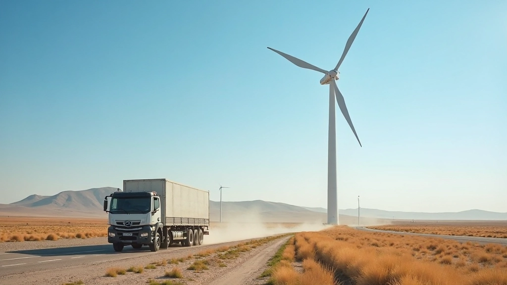 Ветровая турбина в степи с проходящим мимо грузовиком в солнечный день