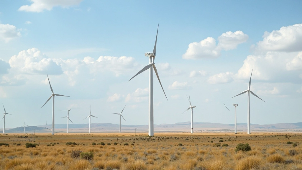 Профессиональное фото ветровых турбин в казахстанской степи с облачным небом